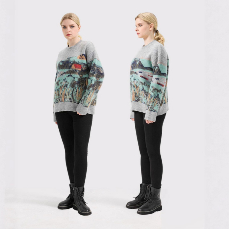 Džemper s color-block bojom od mohirа, okrugli izrez, kapuljača, dugi rukavi, otisak (Mohair pletenina; smjesa kemijskih vlakana; glavni materijal <30%)