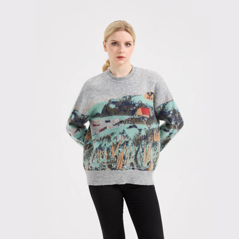 Džemper s color-block bojom od mohirа, okrugli izrez, kapuljača, dugi rukavi, otisak (Mohair pletenina; smjesa kemijskih vlakana; glavni materijal <30%)