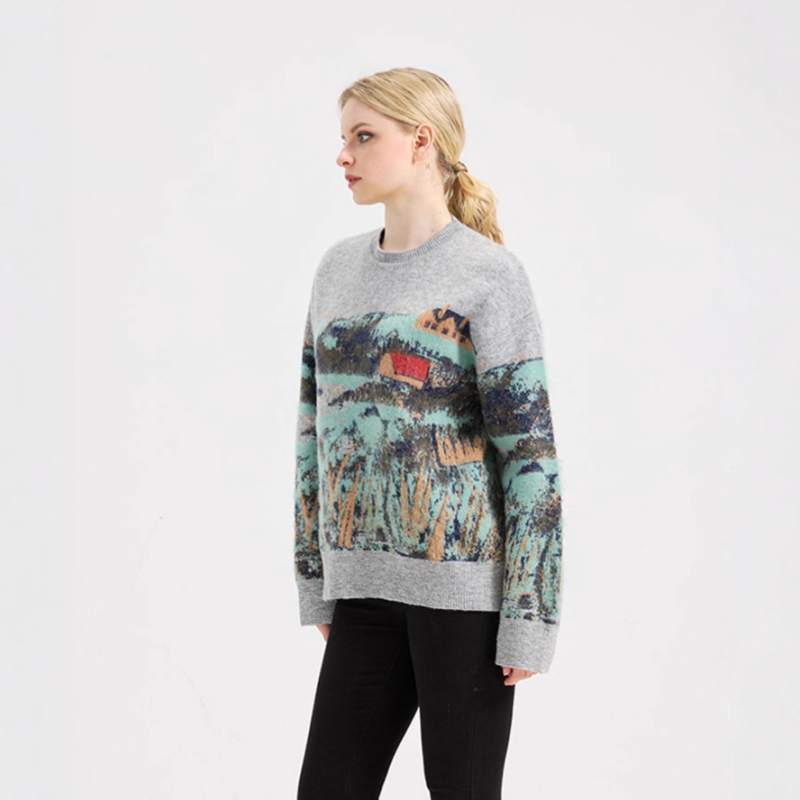 Džemper s color-block bojom od mohirа, okrugli izrez, kapuljača, dugi rukavi, otisak (Mohair pletenina; smjesa kemijskih vlakana; glavni materijal <30%)