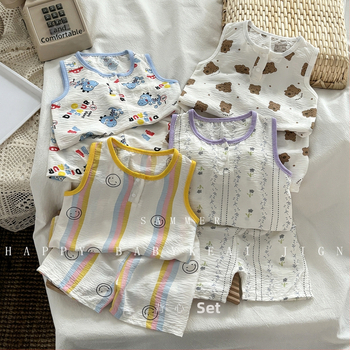Detský bezrukový set topu a šortov, kórejský štýl domáce oblečenie, leto, unisex, 100% polyester