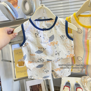Detský bezrukový set topu a šortov, kórejský štýl domáce oblečenie, leto, unisex, 100% polyester