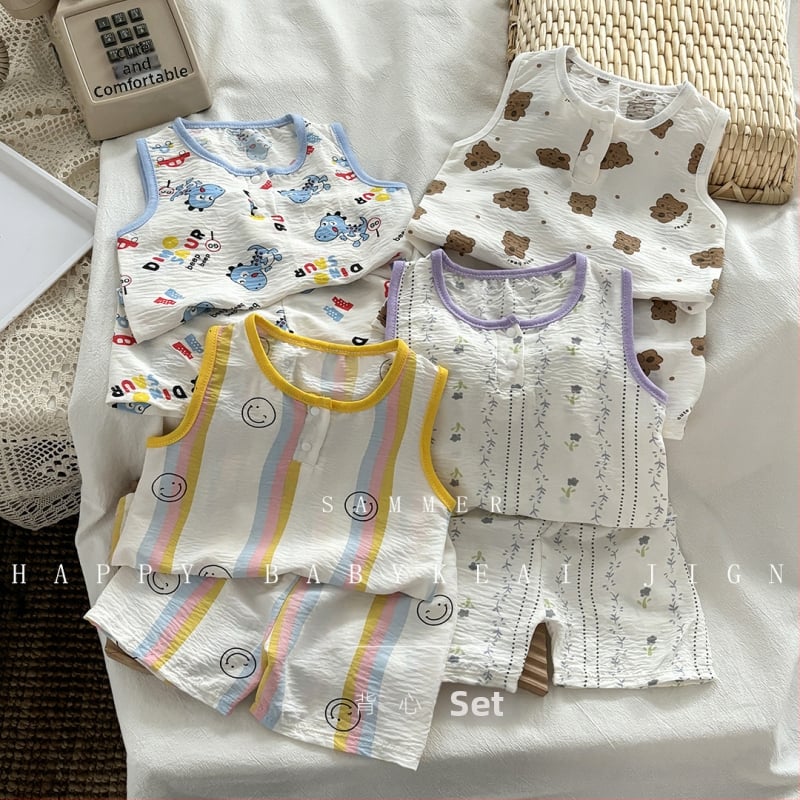 Detský bezrukový set topu a šortov, kórejský štýl domáce oblečenie, leto, unisex, 100% polyester