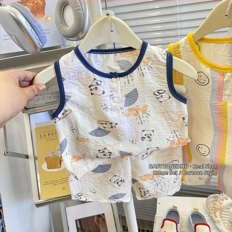 Detský bezrukový set topu a šortov, kórejský štýl domáce oblečenie, leto, unisex, 100% polyester