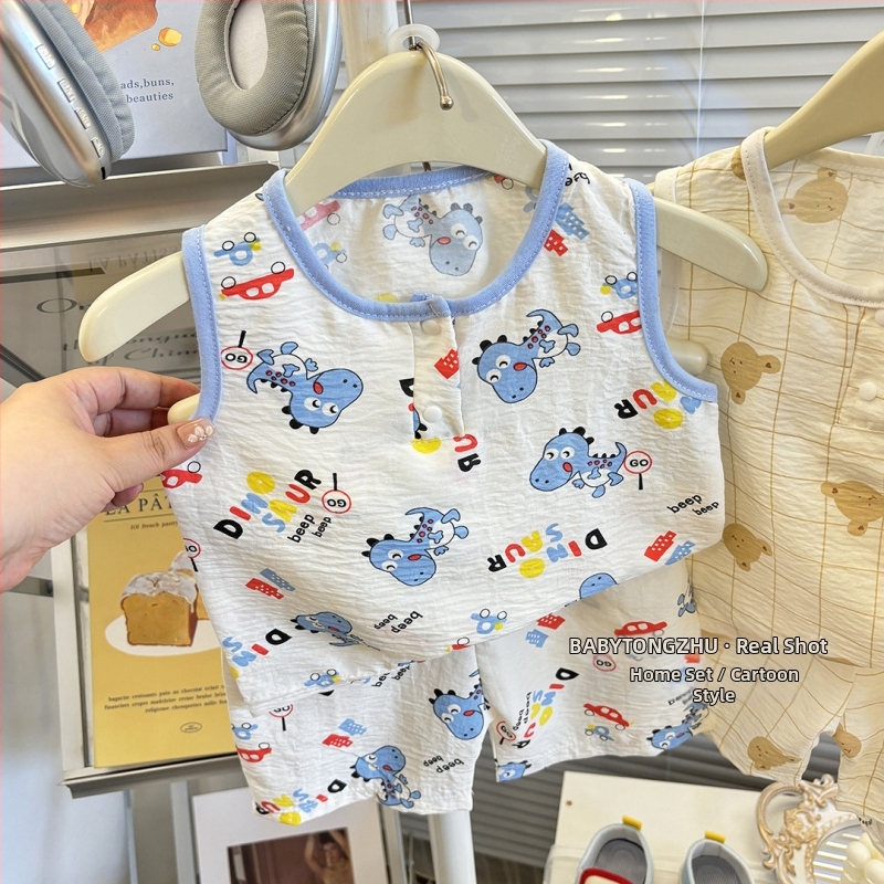 Detský bezrukový set topu a šortov, kórejský štýl domáce oblečenie, leto, unisex, 100% polyester