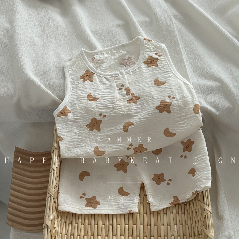Detský bezrukový set topu a šortov, kórejský štýl domáce oblečenie, leto, unisex, 100% polyester
