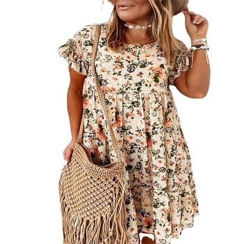 Haljina s cvjetnim uzorkom, pamukova smjesa, okrugli izrez, kratki rukavi, midi duljina