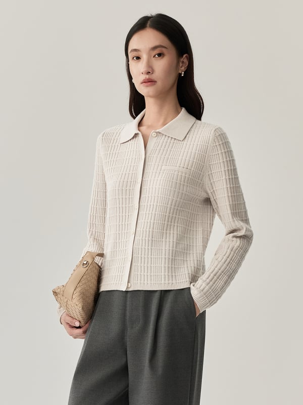 Vuneni kardigan s polo ovratnikom, dugi rukavi, jednobojna boja, 70-80% vuna