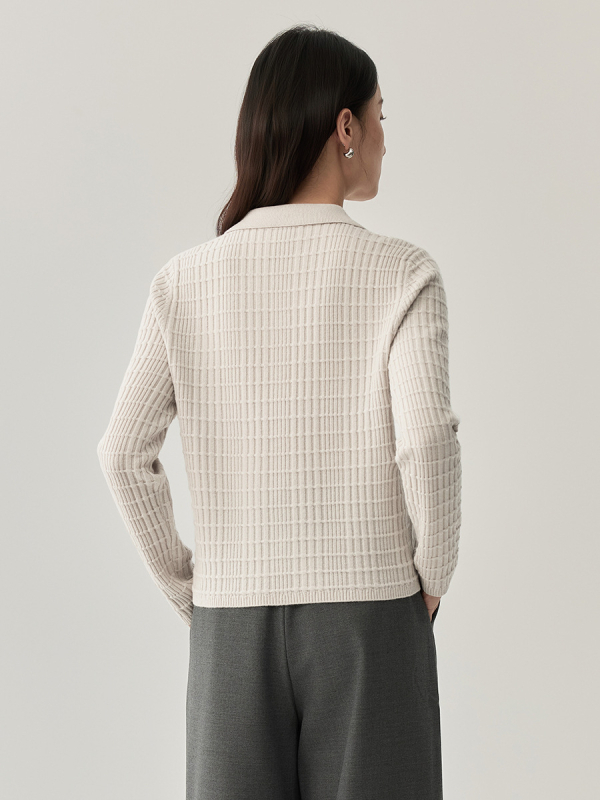 Vuneni kardigan s polo ovratnikom, dugi rukavi, jednobojna boja, 70-80% vuna