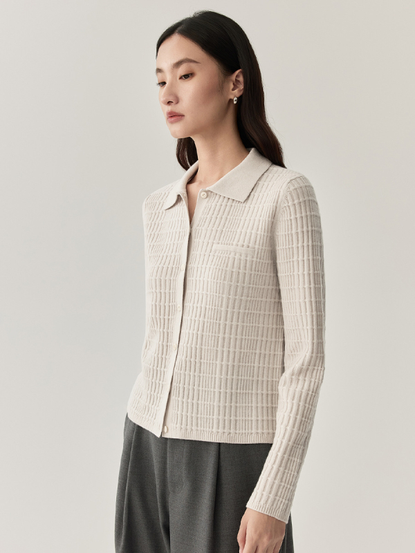 Vuneni kardigan s polo ovratnikom, dugi rukavi, jednobojna boja, 70-80% vuna