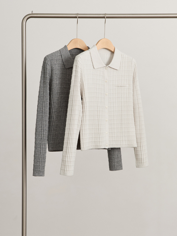 Vuneni kardigan s polo ovratnikom, dugi rukavi, jednobojna boja, 70-80% vuna