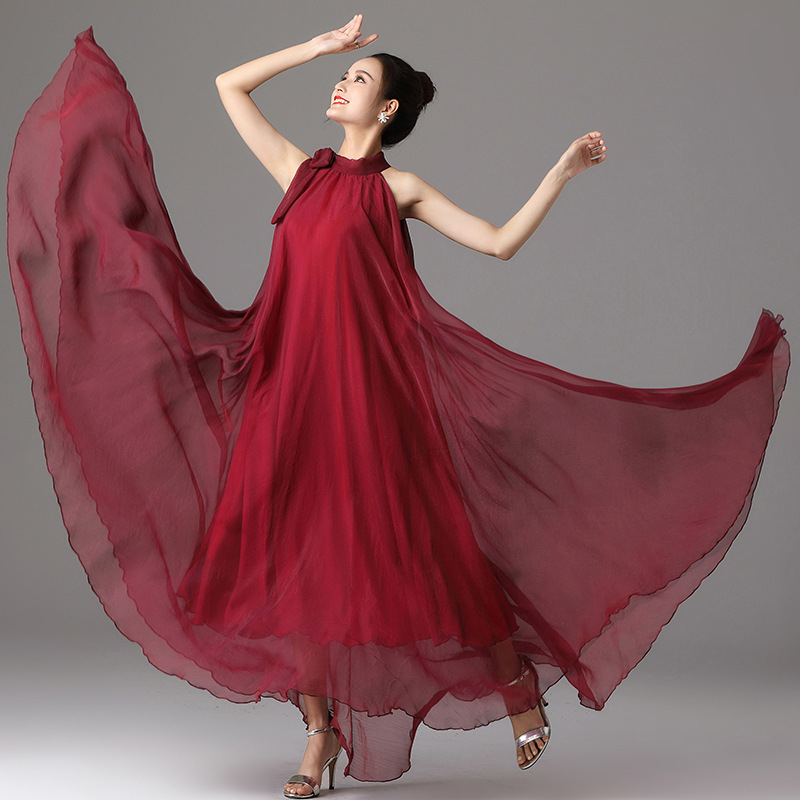 Φόρεμα μακρύ με halter λαιμό, Α-γραμμής σιλουέτα, χωρίς μανίκια, ελαστική μέση, πολυεστέρας