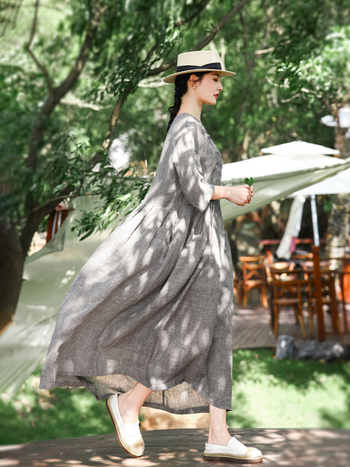 Linen haljina s V-izrezom, retro stil, labav struk, duga oversize suknja