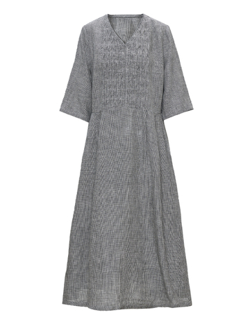 Linen haljina s V-izrezom, retro stil, labav struk, duga oversize suknja