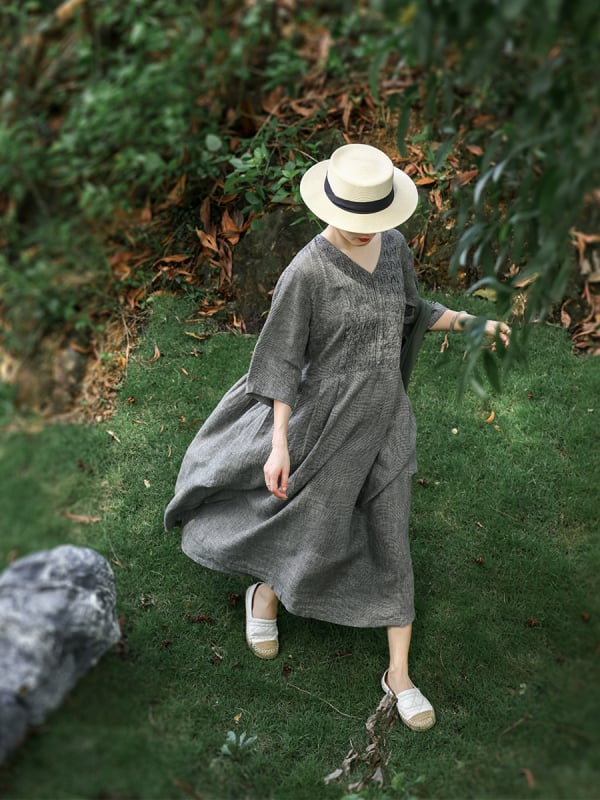 Linen haljina s V-izrezom, retro stil, labav struk, duga oversize suknja