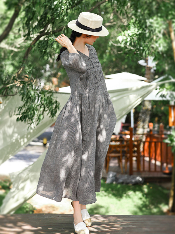 Linen haljina s V-izrezom, retro stil, labav struk, duga oversize suknja