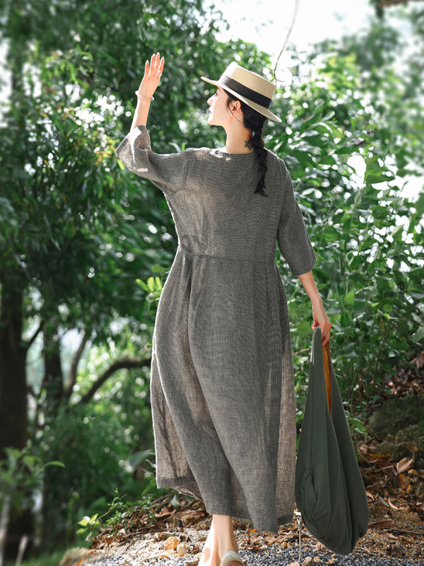 Linen haljina s V-izrezom, retro stil, labav struk, duga oversize suknja
