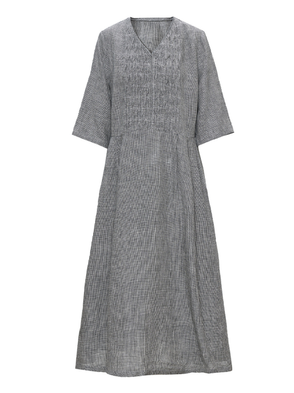 Linen haljina s V-izrezom, retro stil, labav struk, duga oversize suknja