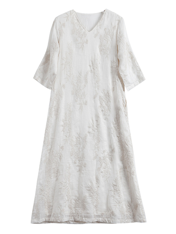 Rochie A-line din Ramie cu broderie florală, decolteu în V, mâneci 3/4