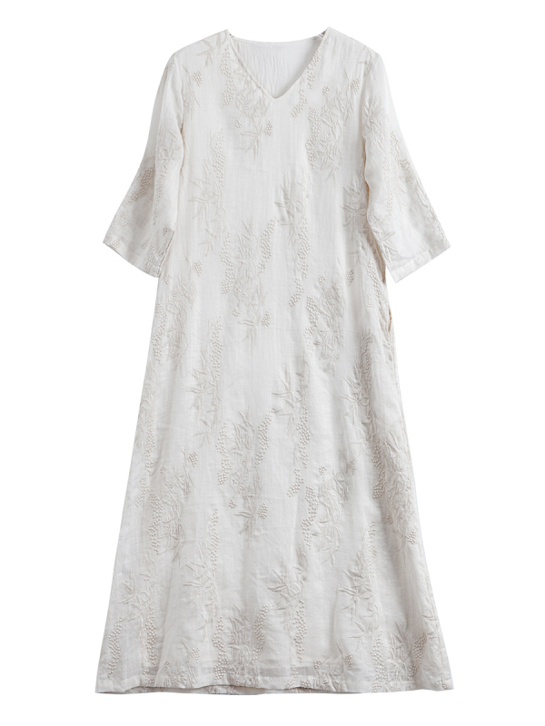 Rochie A-line din Ramie cu broderie florală, decolteu în V, mâneci 3/4