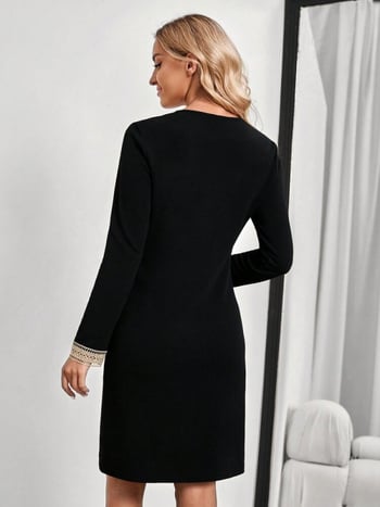 Šaty s čipkou, V výstrih, dlhé rukávy, stredná dĺžka, vzor s panelmi, polyester 80-90% + spandex 30-50%