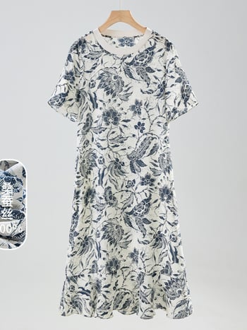 Női hosszú ruha Mulberry selyemből virágos mintával, A-vonalú szabás, kerek nyak, ujj nélküli