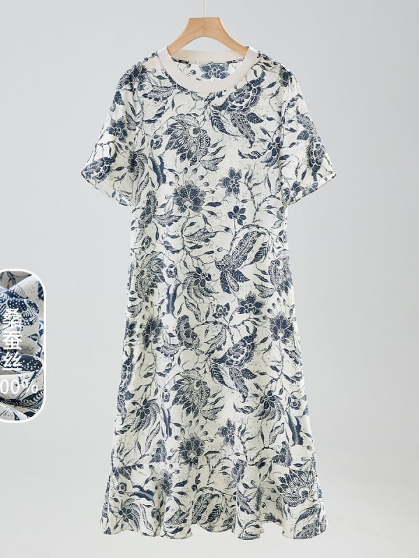 Női hosszú ruha Mulberry selyemből virágos mintával, A-vonalú szabás, kerek nyak, ujj nélküli