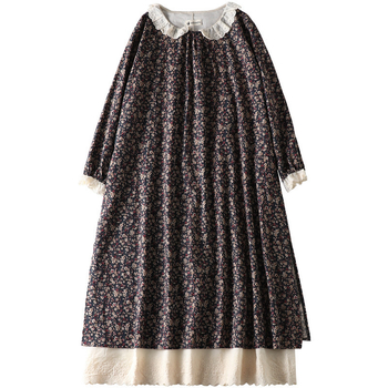 Mori Girl stílusú ruha virágmintás pamutból, hosszú ujjú, A-vonalú, középméretű