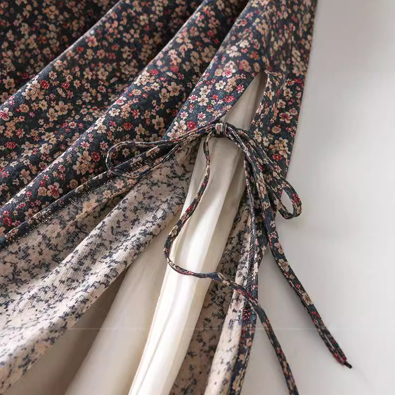 Mori Girl stílusú ruha virágmintás pamutból, hosszú ujjú, A-vonalú, középméretű