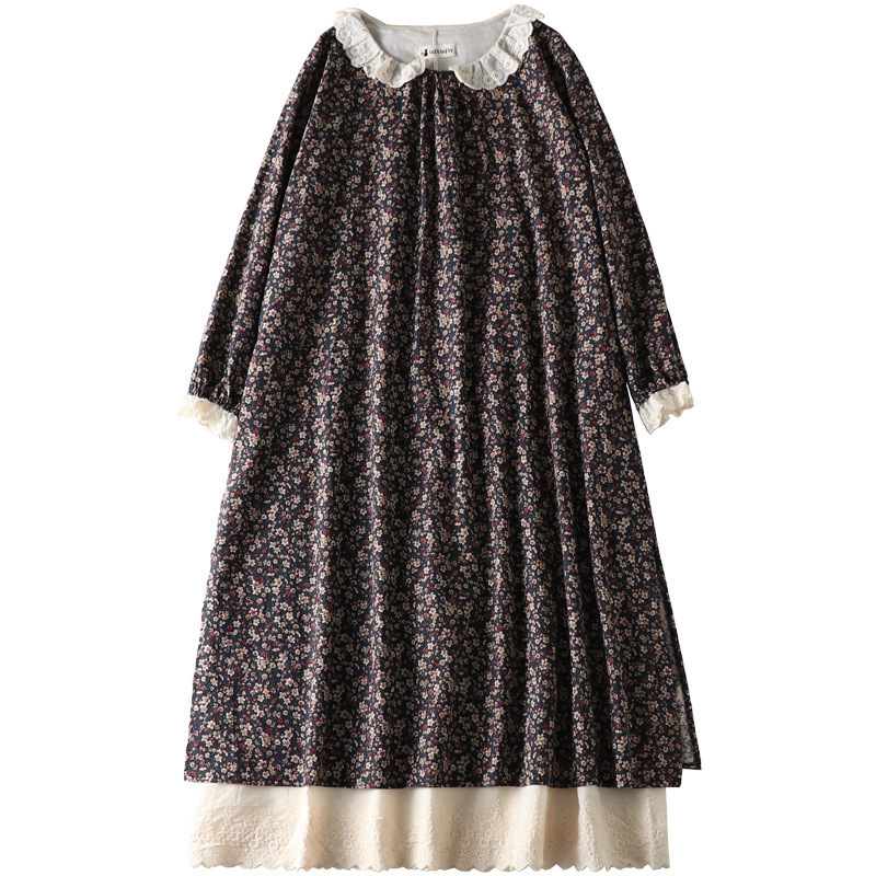 Mori Girl stílusú ruha virágmintás pamutból, hosszú ujjú, A-vonalú, középméretű