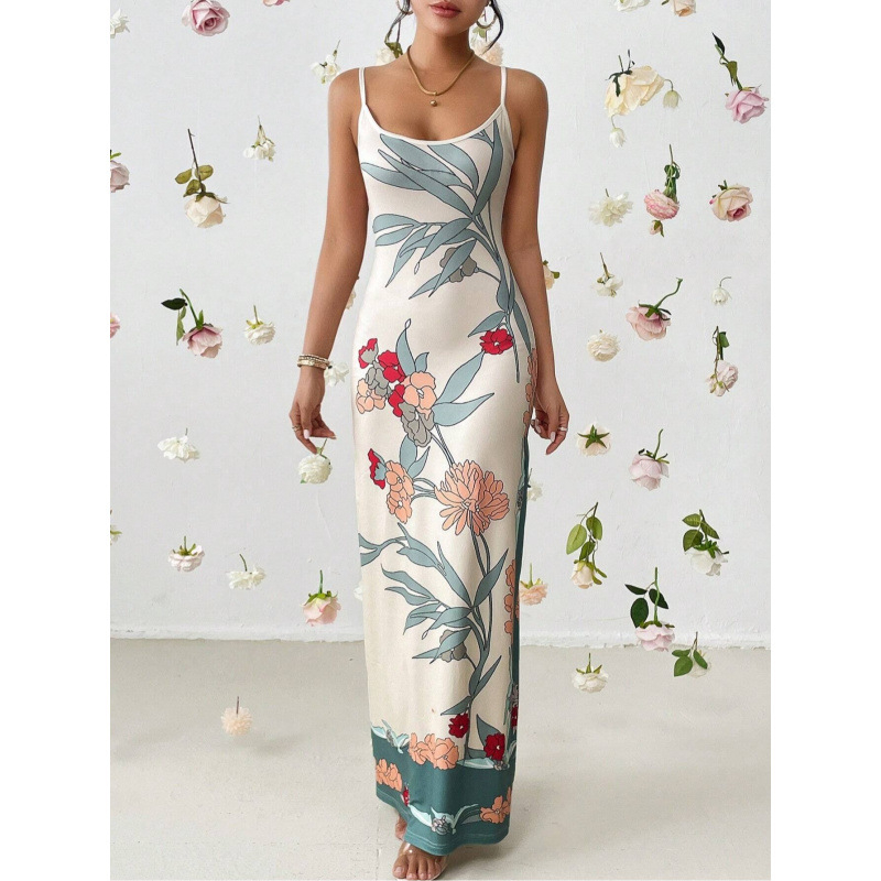 Nyomtatott hosszú ruha spagetti pántokkal, karcsúsított szabás, középtalajú derék, elegáns mindennapi viselet