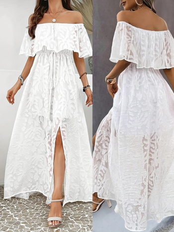 Hosszú, egyvállas ruha, jacquard anyagú, poliészter-spandex keverék, hasítékkal