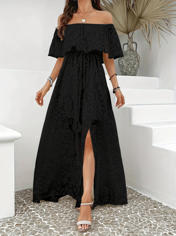 Hosszú, egyvállas ruha, jacquard anyagú, poliészter-spandex keverék, hasítékkal