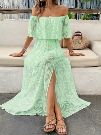 Hosszú, egyvállas ruha, jacquard anyagú, poliészter-spandex keverék, hasítékkal