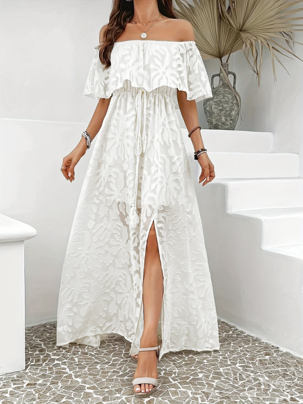 Hosszú, egyvállas ruha, jacquard anyagú, poliészter-spandex keverék, hasítékkal