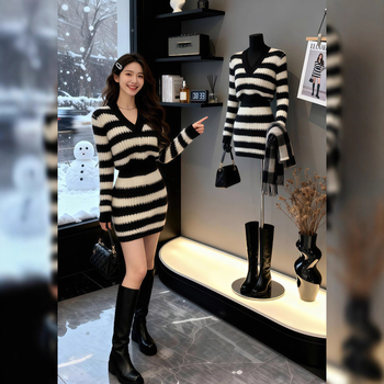 Kötött ruha magas derekú fishtail szoknyával, V-nyakú, hosszú ujjú; anyaga 70–80% akril.