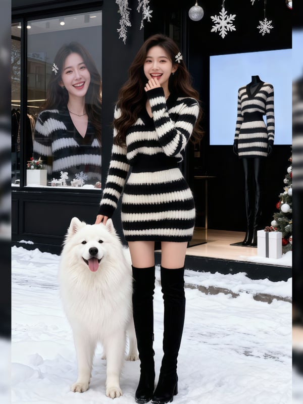 Kötött ruha magas derekú fishtail szoknyával, V-nyakú, hosszú ujjú; anyaga 70–80% akril.