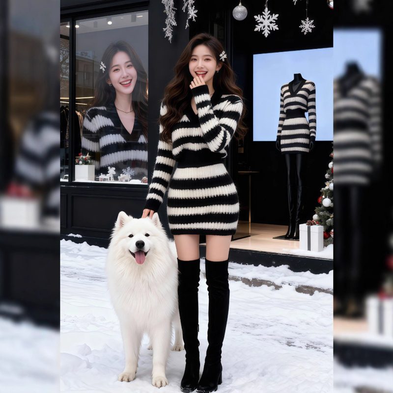 Kötött ruha magas derekú fishtail szoknyával, V-nyakú, hosszú ujjú; anyaga 70–80% akril.