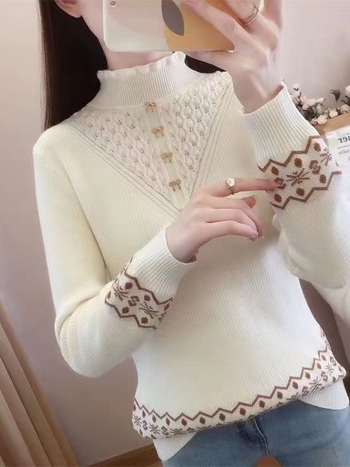 Ženski pulover od baršunastog pletera s visokim ovratnikom, opuštena silueta, srednje debljine, smjesa poliestera i akrila