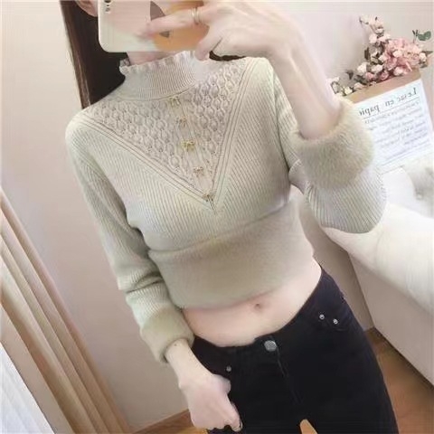 Ženski pulover od baršunastog pletera s visokim ovratnikom, opuštena silueta, srednje debljine, smjesa poliestera i akrila