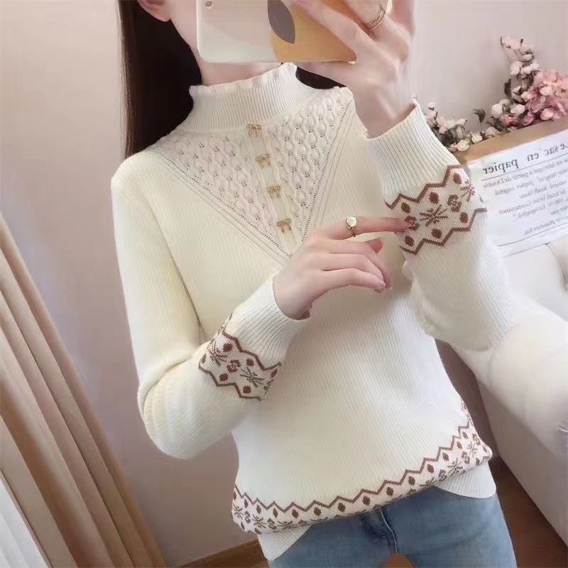 Ženski pulover od baršunastog pletera s visokim ovratnikom, opuštena silueta, srednje debljine, smjesa poliestera i akrila