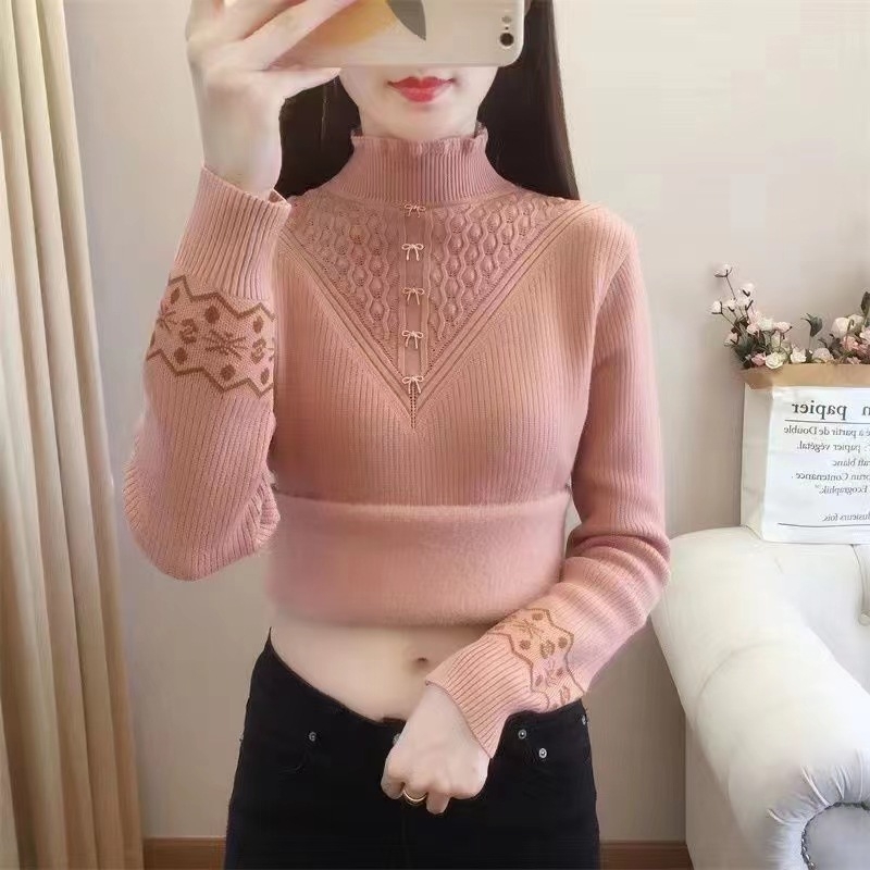 Ženski pulover od baršunastog pletera s visokim ovratnikom, opuštena silueta, srednje debljine, smjesa poliestera i akrila