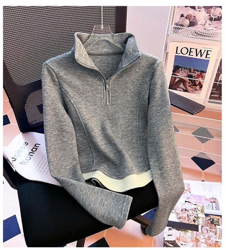Ženski top od poliestera, slim fit, stojeći ovratnik, pola zip, dugi rukavi, lažni dvodijelni set, kratka duljina