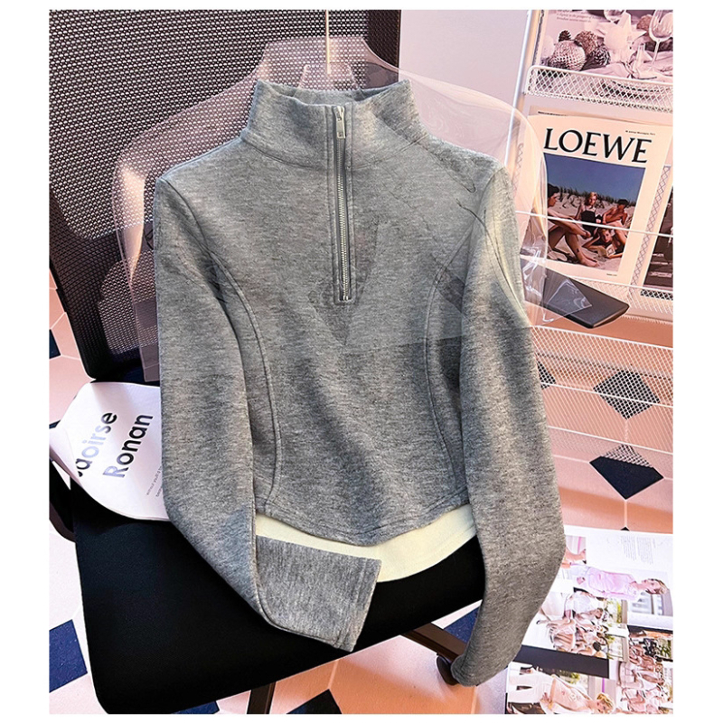 Ženski top od poliestera, slim fit, stojeći ovratnik, pola zip, dugi rukavi, lažni dvodijelni set, kratka duljina