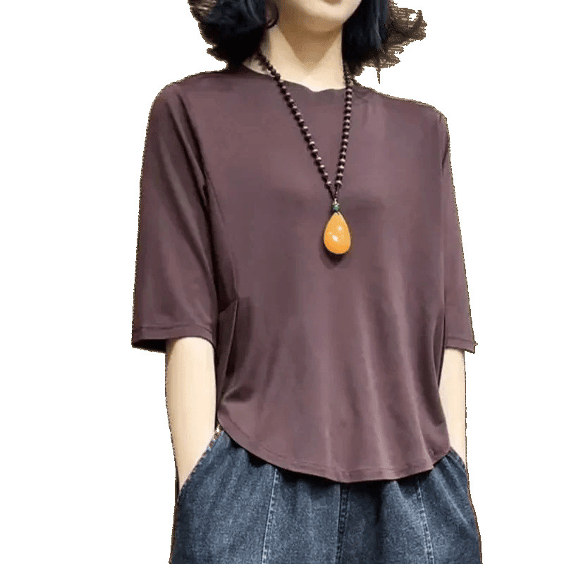 Plus veličine top s patchwork detaljima i nepravilnim rubom, 3/4 rukava, ljetni top