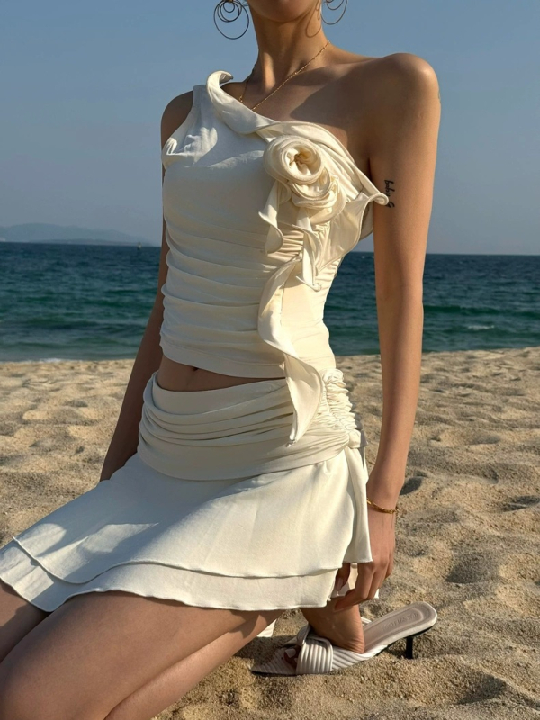 Ženski top bez rukava s kosim ramenom, otvorenim leđima, uski kroj, 3D ruža vez