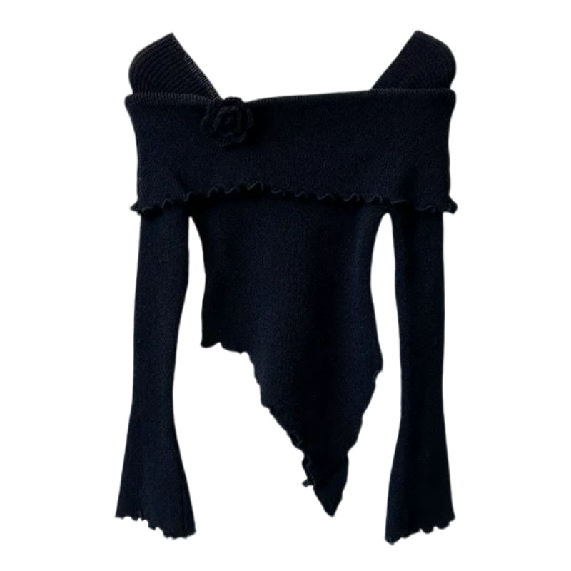 Francuski stil: pleteni top s rubom i trodimenzionalnim cvijećem, otvoreni rameni, uski kroj, jesen zima