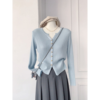 Korejski stil, nježna elegancija, V-izrez, jednobojni pleteni kardigan, kratkog kroja za žene