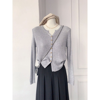 Korejski stil, nježna elegancija, V-izrez, jednobojni pleteni kardigan, kratkog kroja za žene