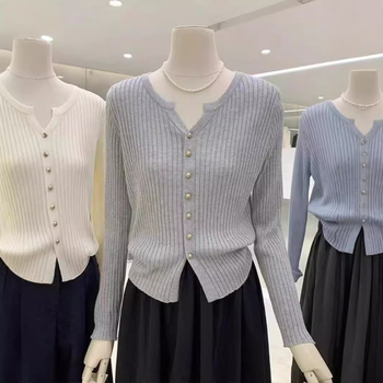 Korejski stil, nježna elegancija, V-izrez, jednobojni pleteni kardigan, kratkog kroja za žene