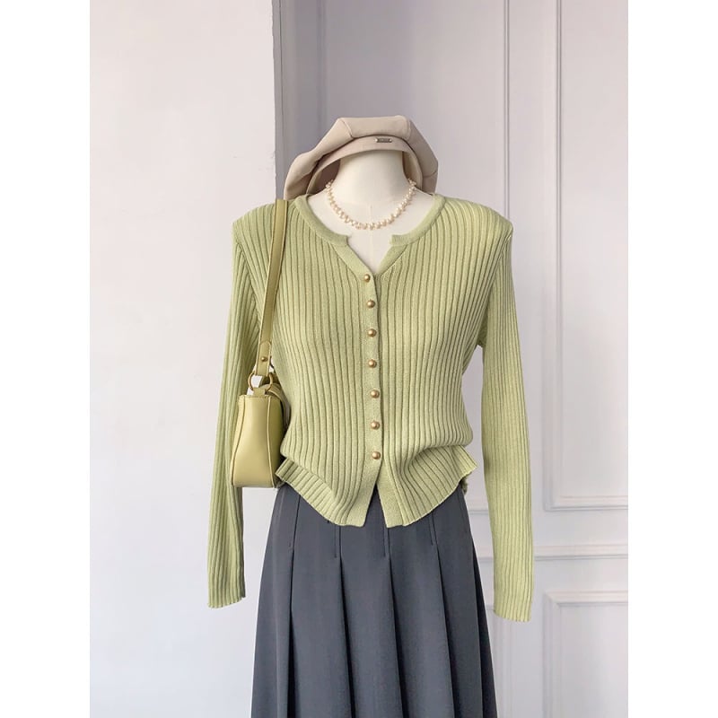 Korejski stil, nježna elegancija, V-izrez, jednobojni pleteni kardigan, kratkog kroja za žene